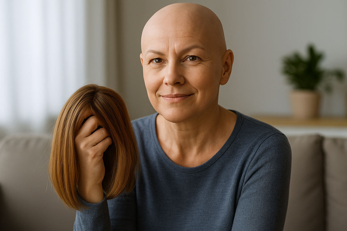Portrait d’une femme fière sans cheveux, illustrant le tabou des perruques dans la presse féminine